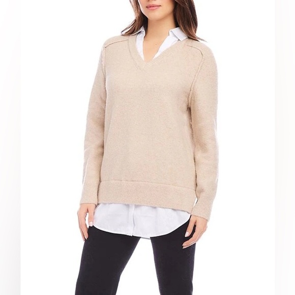 Karen Kane Layered Sweater In Sand Size 2X Collared V Neck Long Sleeve NWT - Picture 1 of 7